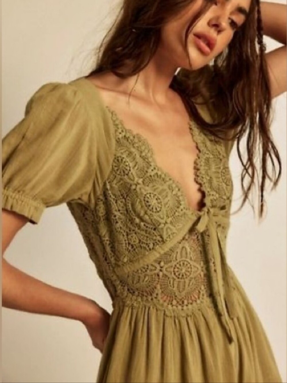 Free People All You Need Is Lace Midi Dress Olive Green Bohemian Size M - Picture 3 of 12